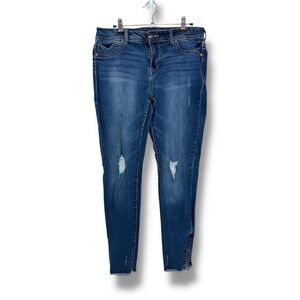 Maurices Skinny Jeans Women's Large Distressed Dark Wash Denim Frayed Hem Zipper